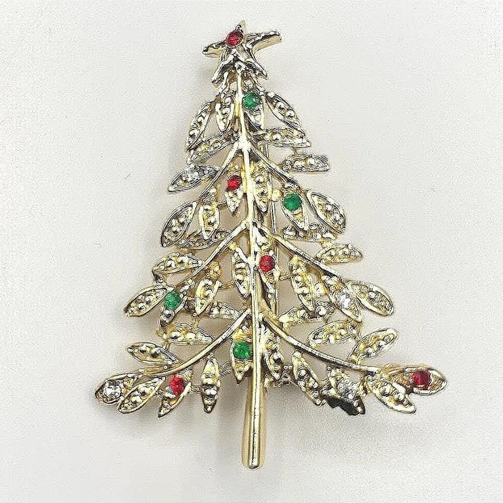 Vintage Rhinestones Gold-Tone Religious Holiday Christmas Tree Brooch Pin